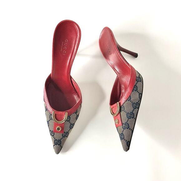 Vintage Gucci D Ring Monogrammed Red Pointed Toe Mules Pumps 37 - Picture 1 of 11